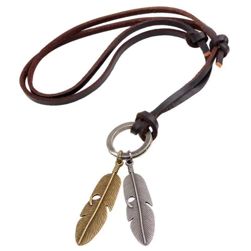 Women Men Vintage Leather Cord Jewelry Necklace Bronze Antique Silver Couple Feathers Pendant Necklace