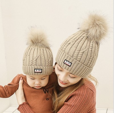 Bonnet avec pompon en fourrure pour enfant, chapeaux d'hiver chauds, tricoté, pour maman et bébé