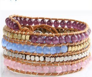 Alli baba com la dernière conception naturel turquoise et topaze pierre gainé de cuir bracelet, bijoux de mode 2017 - Product Image 4