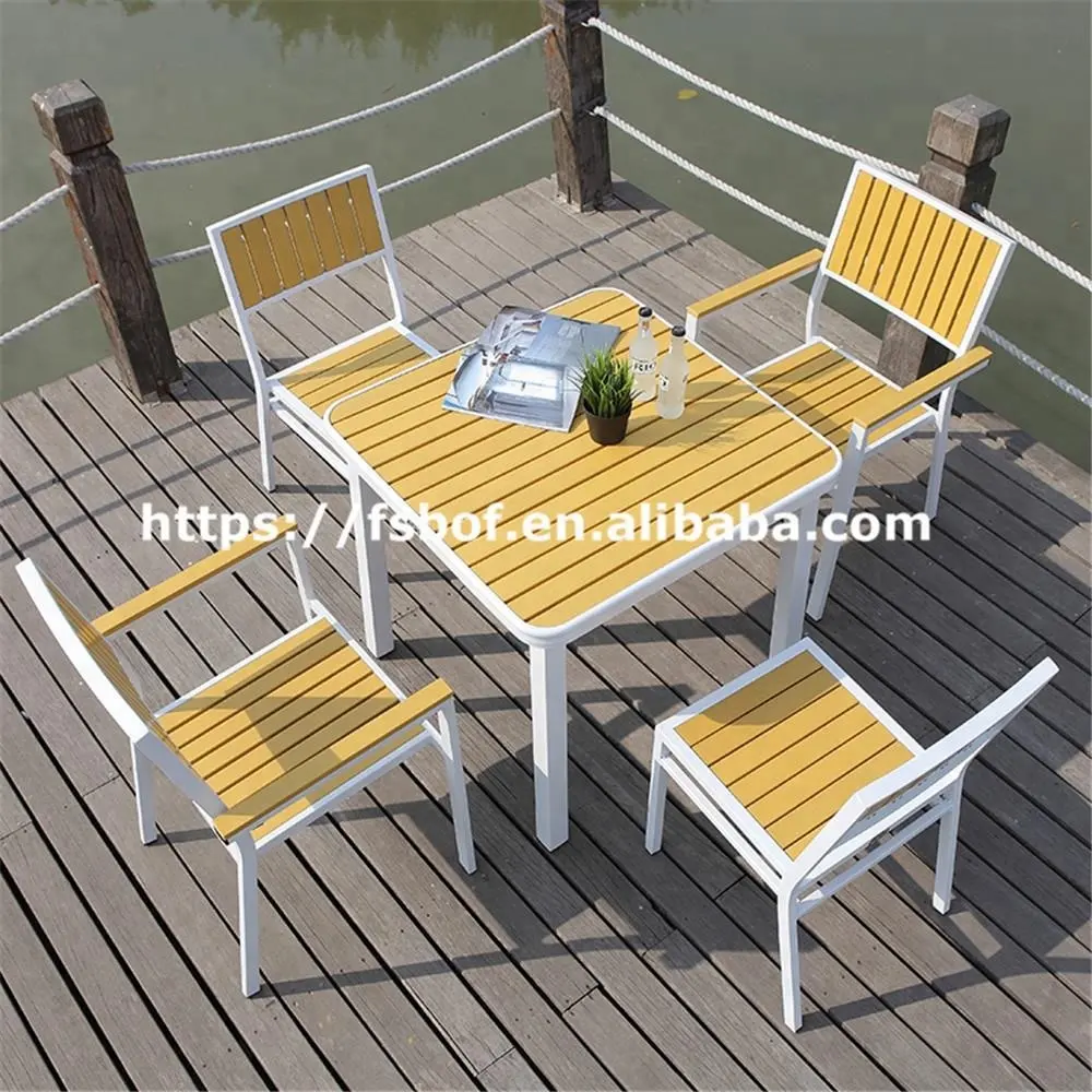 Mobiliário de restaurante festa café loja de café madeira-plástico composto alumínio quadrado mesa e cadeiras
