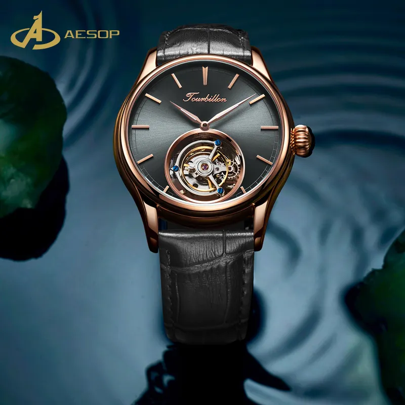 Aesop custom waterproof wholesale luxury men leather mechanical watch stainless steel automatic tourbillon watch