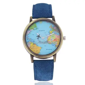 Cool Mini Wereld Mode Quartz Horloge Mannen Unisex Kaart Vliegtuig Reizen Rond De Wereld Vrouwen Lederen Jurk Horloges