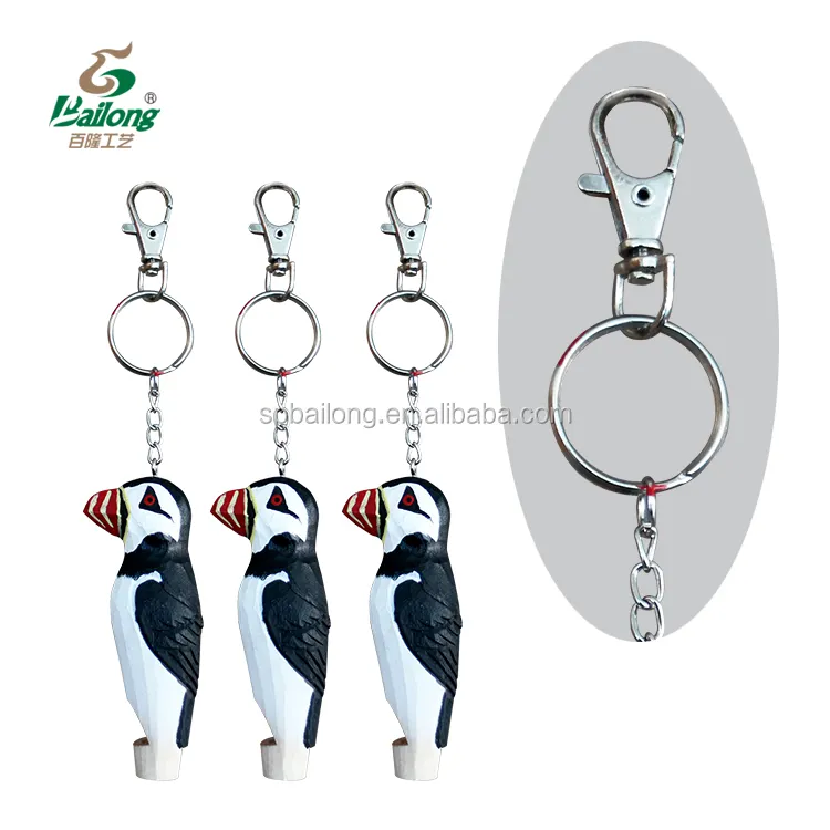handmade wood keychain puffin craft tourist souvenir gift carved whistle wood key chain