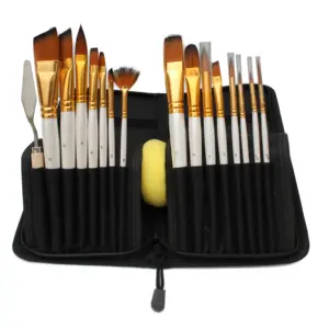 Ready To Ship 15Pcs Nylon Hair Artist Paint Brush Set With Black Case Palette Knife And Sponge For Oil Painting