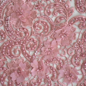 Thiết Kế Mới Thời Trang Màu Hồng 3D Hoa Đính Cườm Ren Vải Với Ngọc Trai Và Sequins Pháp Vải Tuyn Ren Váy Vải HY0751-3 - Product Image 5