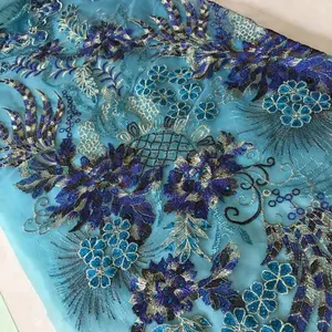 latest fashion multi color big flower embroidery design with sequin embroidery fabric with applique and stones for dress