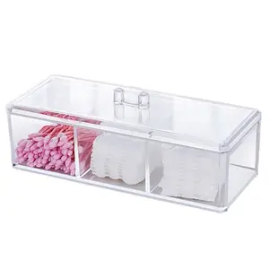 Clear Acrylic 3 Compartments Cotton Swab Organizer Makeup Cotton Pad Organizer Q-tips Storage Holder with Lid