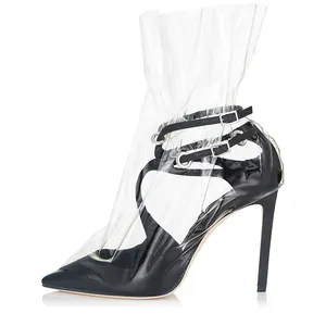 Elegante vestido zapatos fiesta zapatos de tacones Mujer Plus tamaño transparente negro tobillo botas damas botas de plástico Bolsa De satén blanco bombas