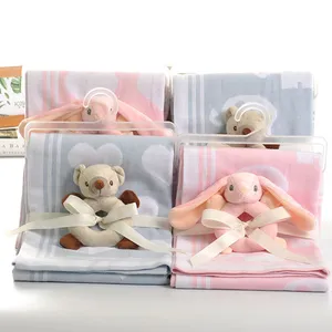 Selimut Rajut Bayi, Hadiah Mainan Selimut Tidur Bayi Musim Panas 100% Katun Organik Jacquard Selimut Bedong Bayi dengan Bel Tangan