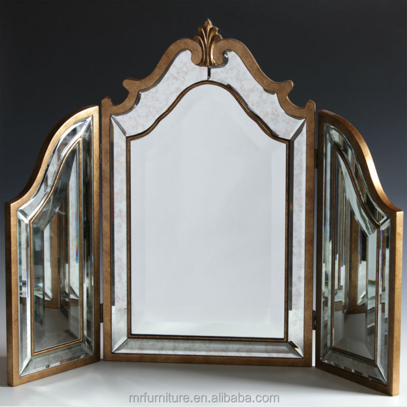 Antique Gold Distressed Tri Fold Table Mirror - Modern Dresser Mirror for  Home Decor, Hotel & Living Room Use