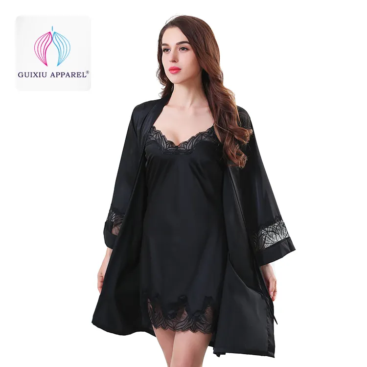 Gaun Tidur Renda Panjang Hitam Satin Jubah Lembut Bordir Jubah Kimono Satin Wanita Pendek Hitam Sutra