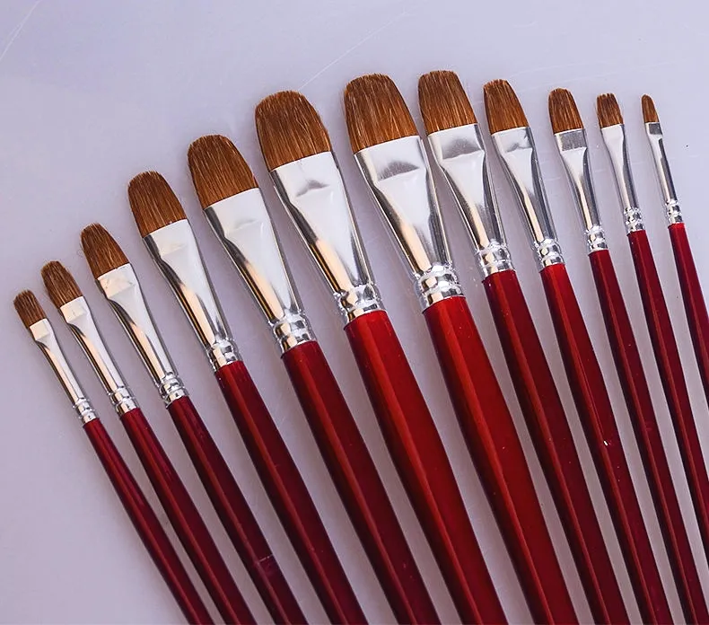 OEM 6 pieces Weasel Hair Artist Filbert Brush Paint Brush Set Red Handle For Oil and Acrylic Painting