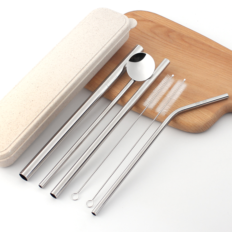 Amazon Hot Sale Drinking Straws 304 Stainless Steel Reusable Metal Straws with Cleaning Brushes