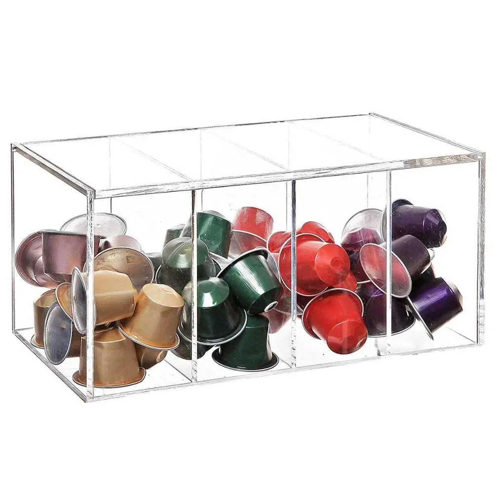 Helder Acryl 4 Compartiment Scharnier Deksel Capsule Houder/Thee Bag Organizer Storage Box