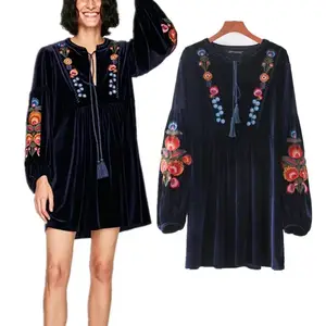 OEM ODM Clothing Fashion Woman 3/4 Sleeves Velvet Embroidered Floral Mini Dress