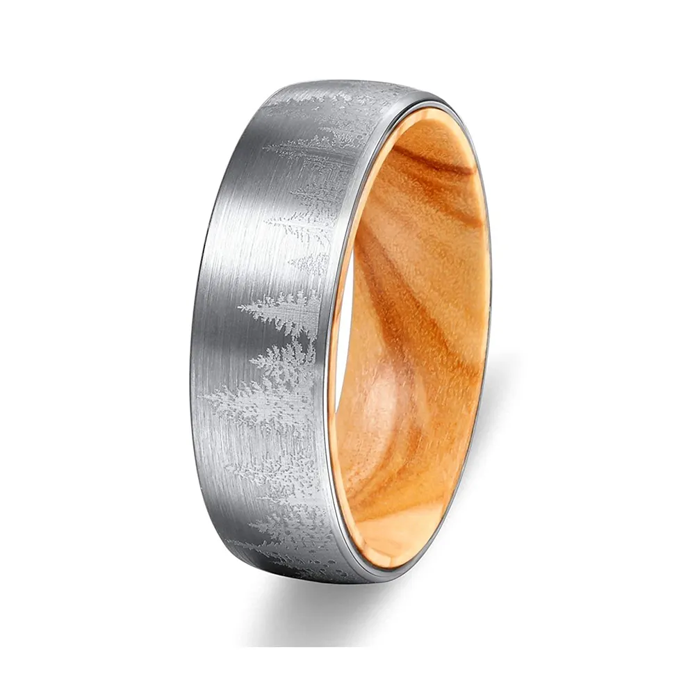 ring wooden inlay Tungsten carbide Laser Tree Forest Landscape Brushed Band Oliver Wood Sleeve