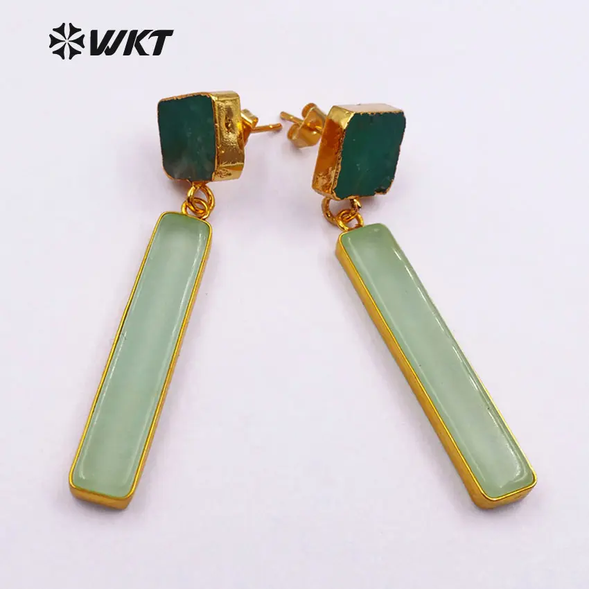 WT-E420 estilo Simple de las mujeres pendientes de piedra pendientes, 24K Chapado en Metal de la oscuridad y la luz de piedra Natural verde gota pendiente de la joyería