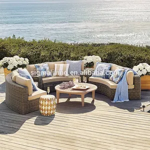 Hot sale all weather deep seating modern outdoor plastic rattan sleeper fabric curved sofa