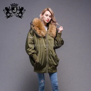 Оптовая продажа меха енота пальто женщин армия зеленый с натуральным мехом Куртка бомбер пользовательские