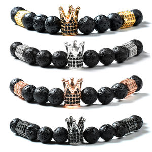 Pierre de lave fait à la main couronne de charme bijoux Logo personnalisé femmes hommes Bracelet de perles pour l'amitié élastique naturel F146 2019 noir - Product Image 2