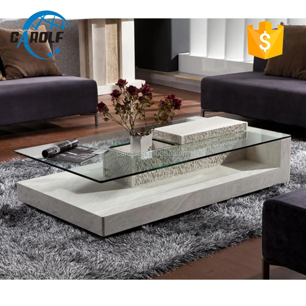 Mesa de centro rectangular de mármol travertino con cristal, color blanco