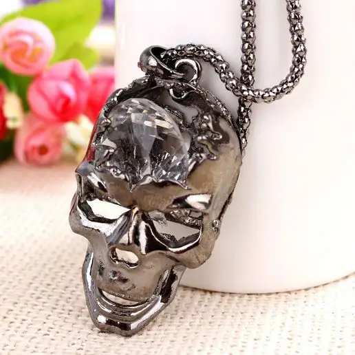 Glass crystal skull necklace, cool skull pendant necklace
