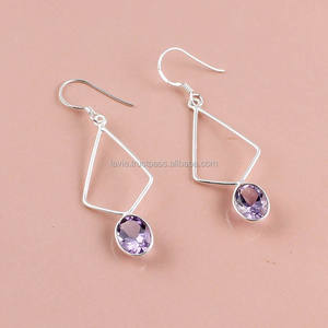 ต่างหูพลอยสีเงินสเตอร์ลิง925แข็งเครื่องประดับพลอยอเมทิสต์เพชรพลอยเงินแฮนด์เมดส่งออกเครื่องประดับชั้นดี - Product Image 1