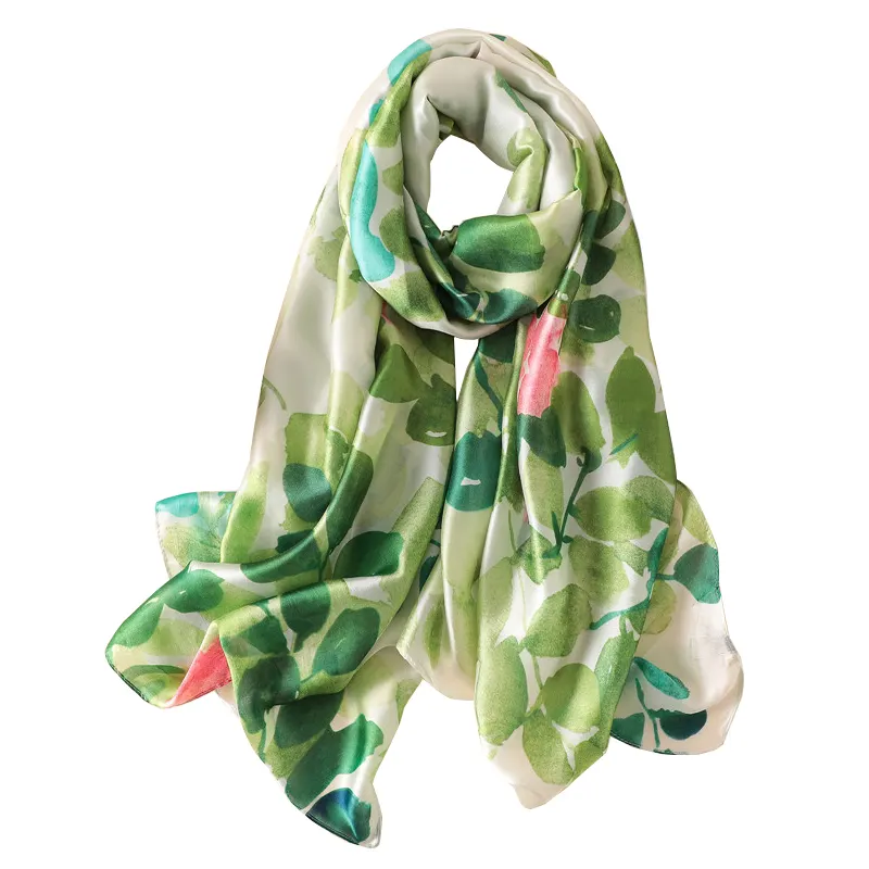 Wholesale 2018 hot sale ladies silk neck scarf high quality oversize long luxury green leaf silk foulard head scarf
