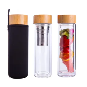 Promotional BPA Free Double Wall Water Bottle Loose Leaf Tea Infuser Glass Bottle With Bamboo Lid