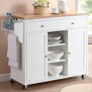 Hot Sale OAK Kitchen Trolley Wooden White MDF Kitchen Cabinet 2 Doors and 2 Drawers Kitchen Butchers Block Cart