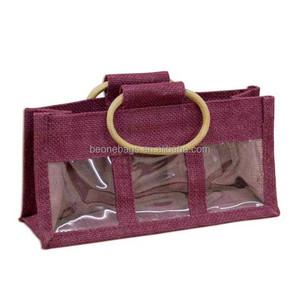 ที่กำหนดเองJute Tote <span class=keywords><strong>3</strong></span>ขวดไวน์กระเป๋าหน้าต่างพีวีซีโปร่งใส - Product Image 2