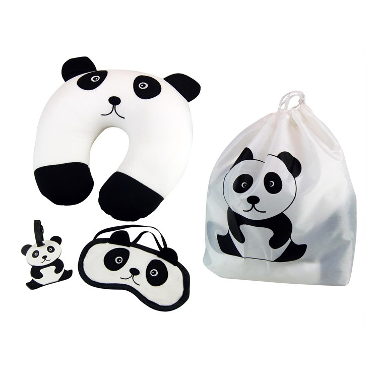 Toprang-almohada de cuello con microcuentas, etiqueta de equipaje con Eyemask 3 en 1, Kit de comodidad para dormir, bonito Kit de viaje con dibujos de Panda para avión