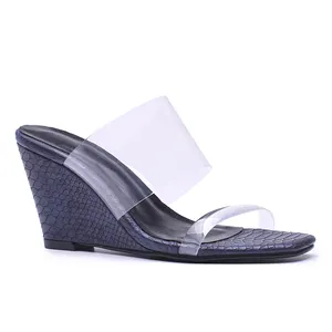 WETKISS Mature Sexy Square Toe Slippers Outdoor Patent Leather Rubber High Wedge Heel Dress Shoes Transparent PVC Slippers Snake