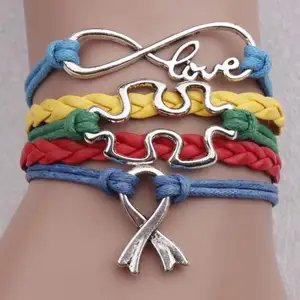 El autismo rompecabezas cinta infinito amor hueco rompecabezas encanto pulsera de cuero trenzado