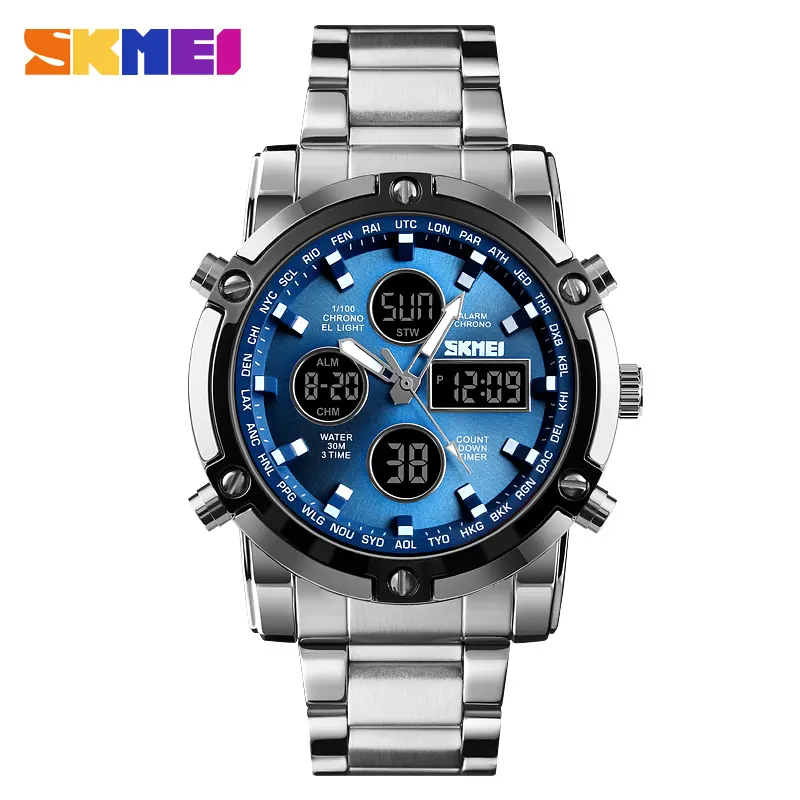 Top Luxury Men Sports Watch Countdown 3 Time Clock Stainless Steel Waterproof Skmei 1389 Digital Quartz Men Wrist Watch