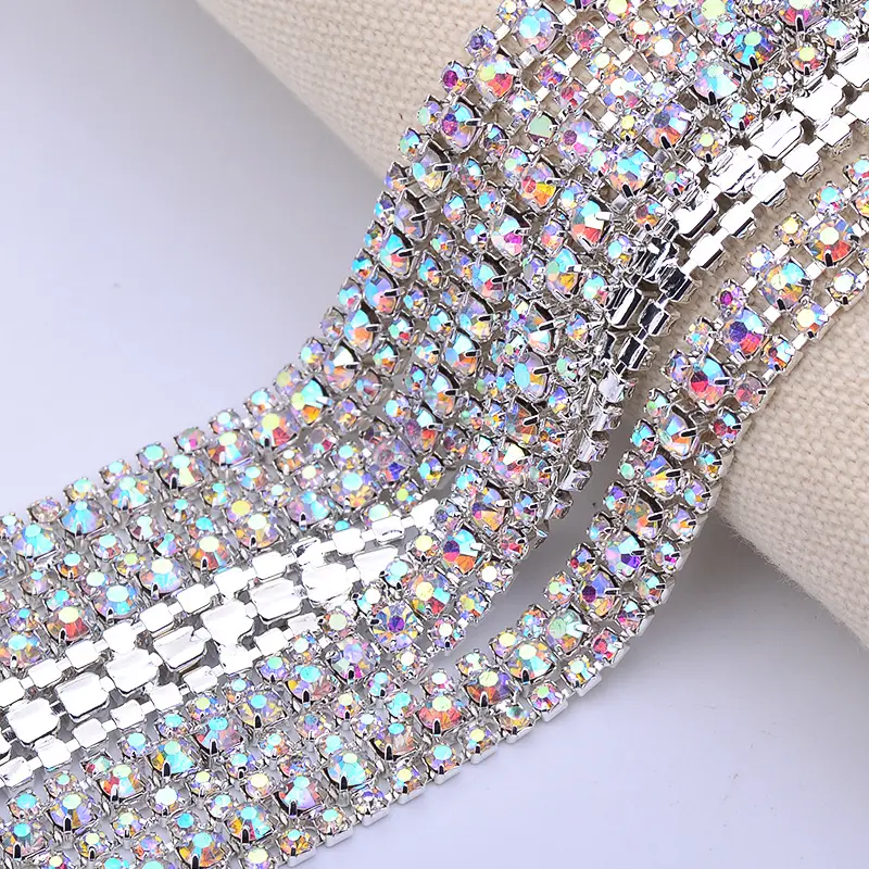 1 Yard SS8 + SS16 + SS8 Crystal AB Glass Rhinestone Chain Trim Silver Applique Crystal Ribbon Strass BandingためClothes