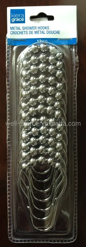 Cortina de ducha de cromo pulido, 12 anillos cada uno con 5 rodillos de cuentas de metal en un paquete de juego