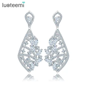 LUOTEEMI批发设计创造了女性女孩婚礼珠宝礼物白金镀金精致大号豪华吊式锆石耳环