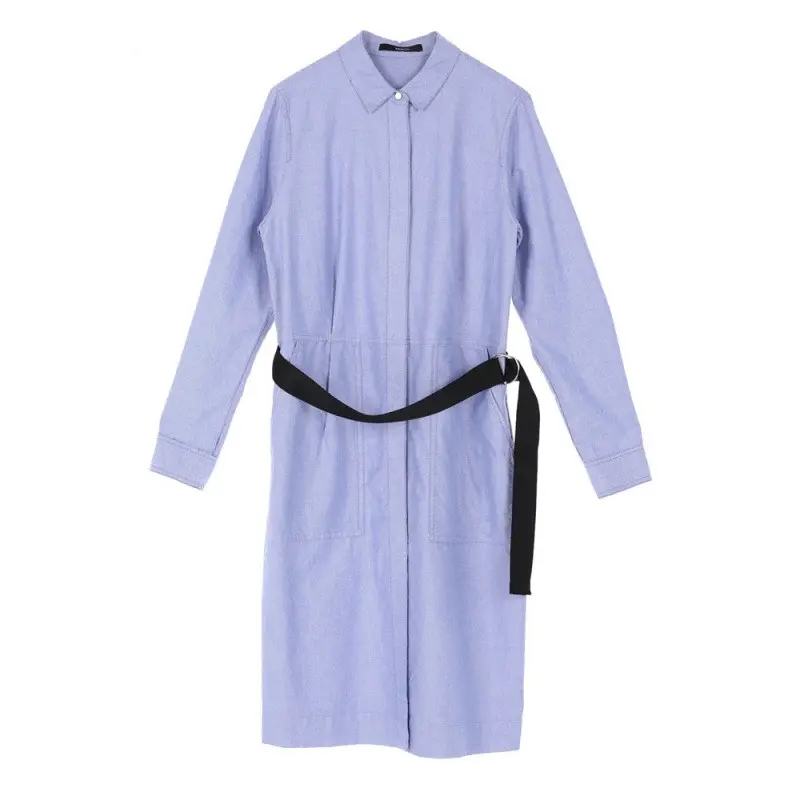 लंबी आस्तीन ब्लू एकल-छाती अंगरखा बेल्ट कमरबंद के साथ शर्ट ड्रेस कार्यालय स्टाफ वर्दी