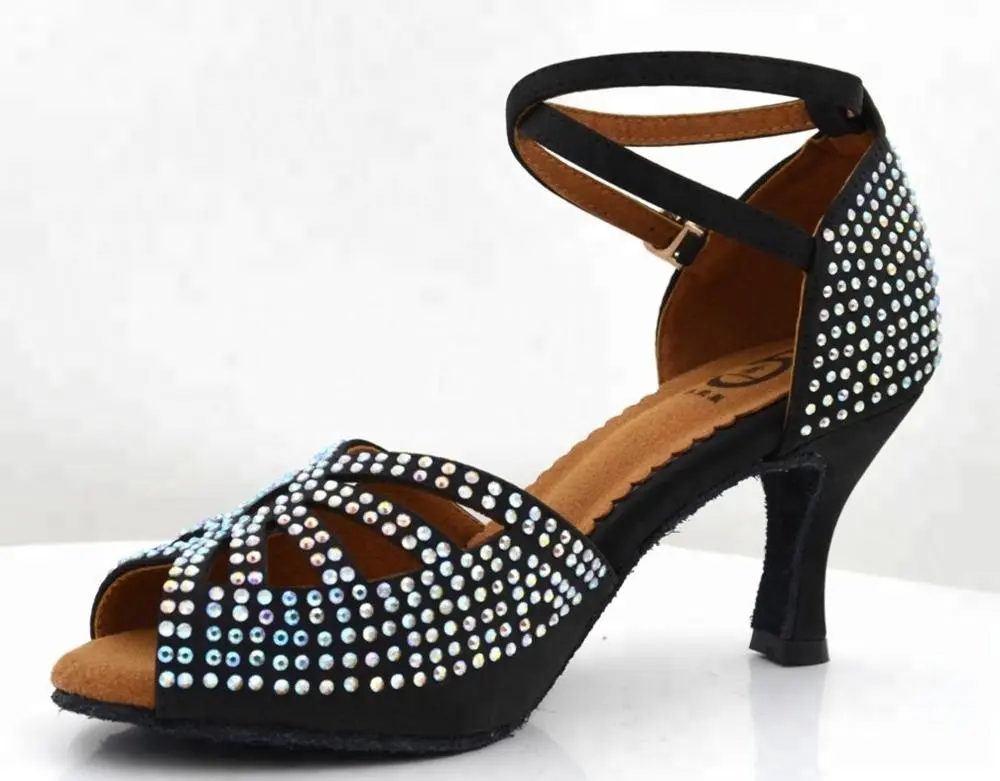 Envío gratuito evkoodance de las mujeres zapatos de baile latino salsa fiesta zapatos de baile zapatos de satén negro diamante todo talón 2 pulgadas zapatos de baile