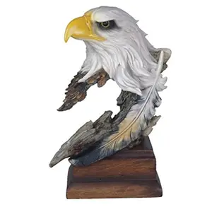 Atacado polyresina estatuetas careca águia cabeça & busto estátua com pena sobre base de madeira