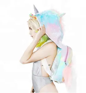 Mochila con capucha de unicornio de colores para niñas, bolsa de unicornio de felpa con gorro, 2018