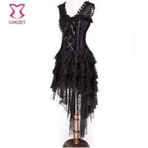 Corzzet Wanita Elegan Hitam Gothic Gaun Pesta Pendek Panjang Depan Kembali Kerut-kerut Bunga Bodycon Sexy Bandagage Korset Gaun Steampunk