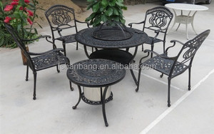 Yuvarlak Odun Bahçe Dökme Alüminyum Dövme Demir Mobilya Açık kore barbekü ızgara Masası ve Sandalye Setleri ile buz kovası - Product Image 4