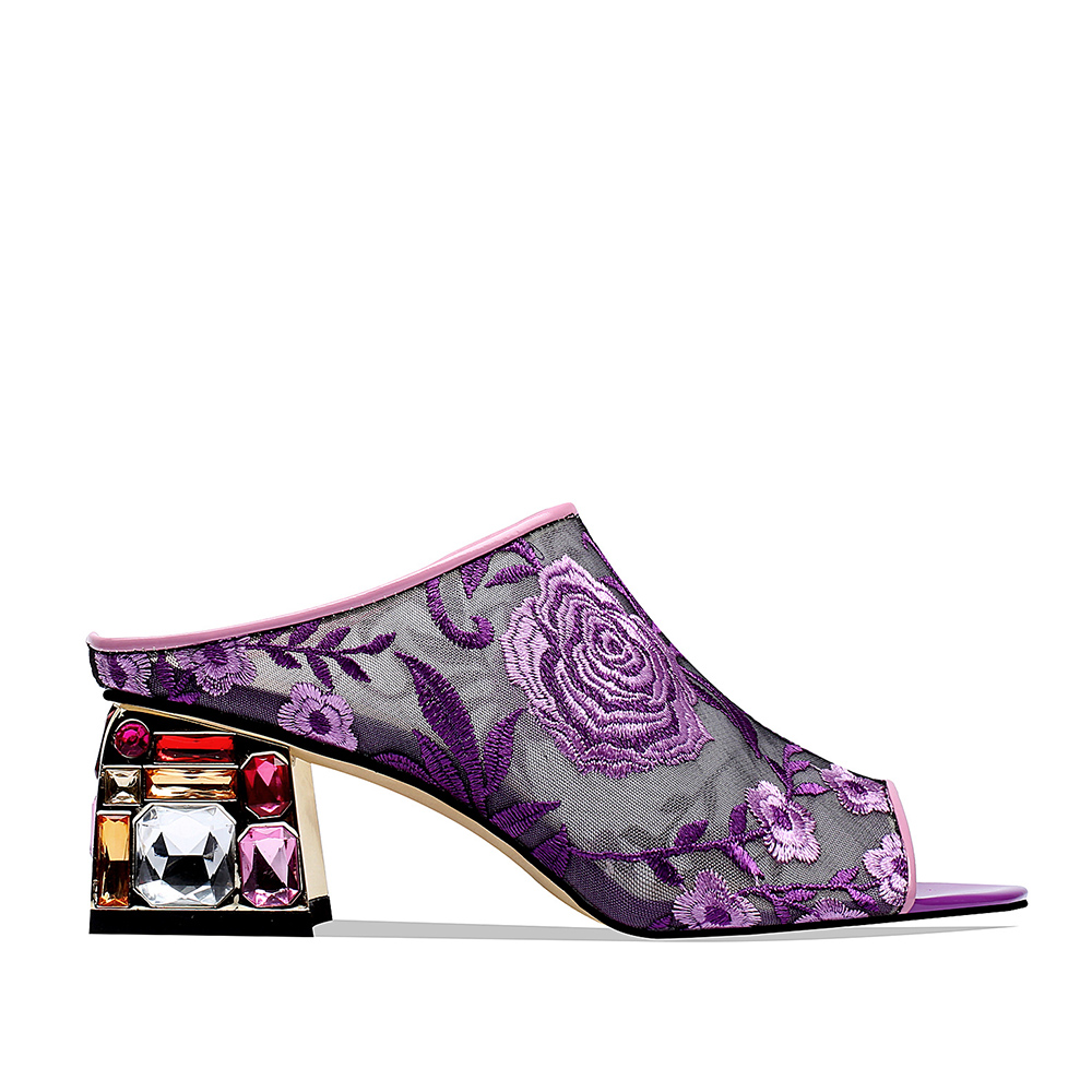 WETKISS/Прямая поставка элегантные лиловые туфли из сетчатого материала; Женские пикантные туфли с открытым носком, шлепанцы для природы; Свадебная обувь с украшением в виде кристаллов на высоком каблуке без задника с открытыми пальцами; Женские босоножки