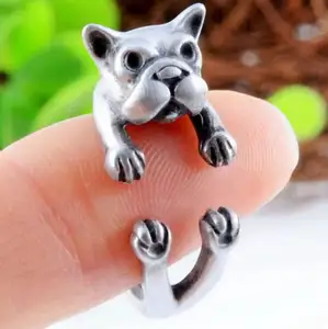 CH007 Huilin Franse Bulldog Sieraden Puppy Dier Wrap Rond Ring in Gunmetal Zilver