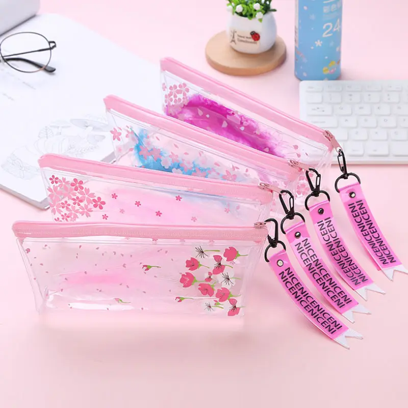 2019 Feather Transparent PVC Pencil Case Creative Stationery Zipper Student Girls Gift Makeup Storage Bag School Pen Bag