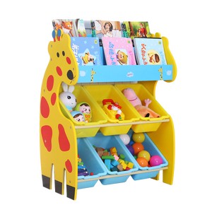 Children bedroom furniture giraffe style Wooden toy shelf kids cabinet with plastic storage box for sale