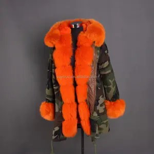 Casaco camuflado de pele real de raposa, parka feminino com capuz de pele e parca, 2017