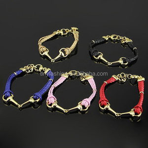 Equestrian Jewelry Factory 18K Gold Plated Double <strong>Horse</strong> Bit Leather <strong>Bracelet</strong> - Product Image 1